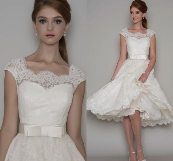 

knee length vintage lace short wedding dresses sleeveless sheer neck buttons back 50s informal a-line bridal gowns mariee custom made, White