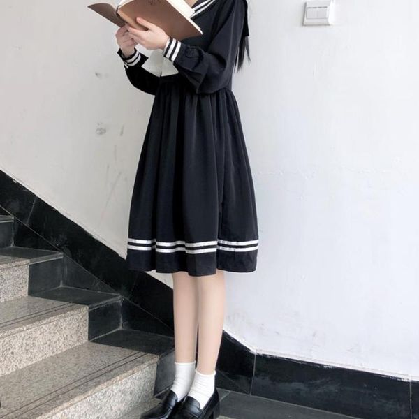 

2020 japanese college style cute lolita women dress kawaii bow sweet sailor collar full sleeve vintage high waist student dress1, Black;gray