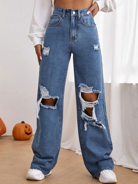 

high waist ripped straight leg jeans c5w9#, Blue