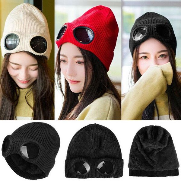 

winter warm knitted woolly chunky beany hat goggle cap beanie hatin various colors popular among young people sale, Blue;gray