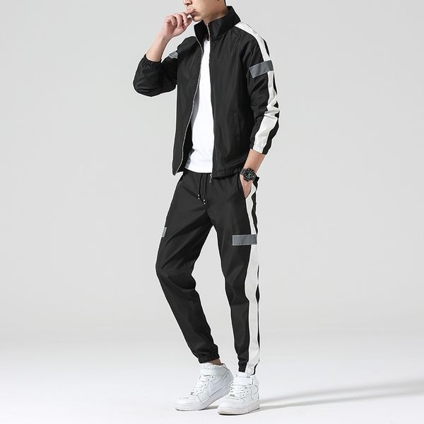 Homens Conjunto de Moda Esportes Homens Sweatsuit Hip Hop Fitness Roupas Dois Peças Suéter Moletom Sweatpant Masculino Tracksuit Preto Branco Cinza 201201