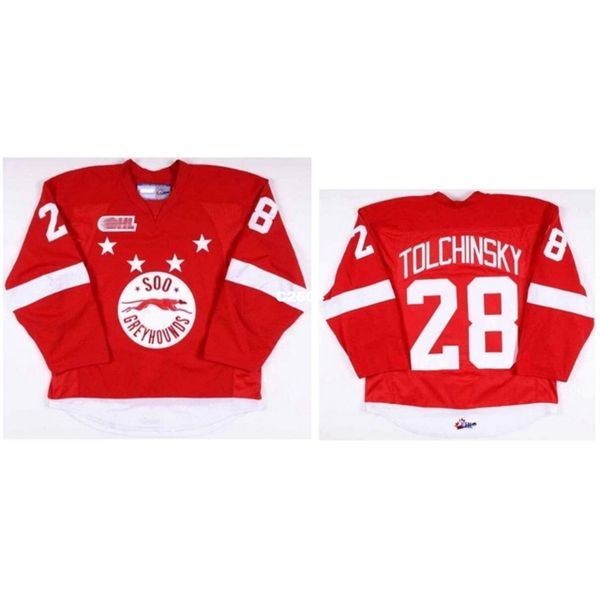 

real men real full embroidery customize ohl sault ste marie soo greyhound 28 sergey tolchinsky hockey jersey or custom any name or number, Black