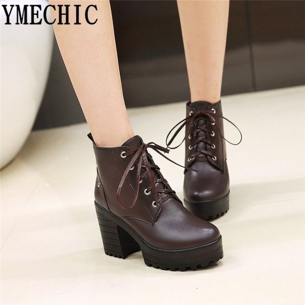

ymechic lace up boots women block heels punk platform shoes black yellow brown gothic combat ankle boots for women plus size t200425