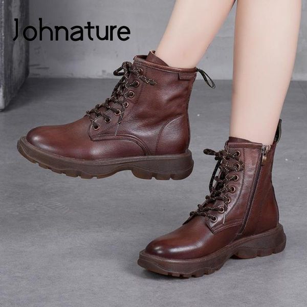 

johnature осень зима женщины сапоги из натуральной кожи 2020 новый голеностопного zip круглый toe плоский с cross-привязанные женская обувь, Black