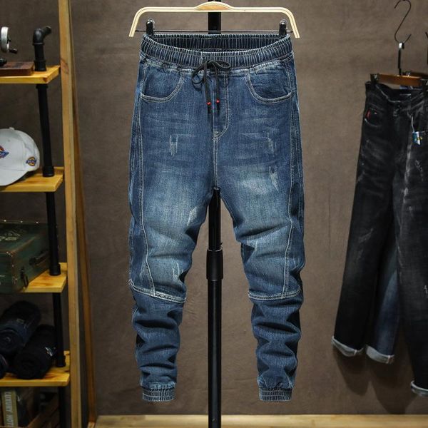 

men's jeans winter man elastic waist clothing loose relaxed blue fashion pockets baggy large size men harem denim pants male,065