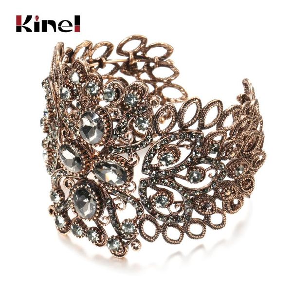 

bangle kinel retor gold color boho for women grey crystal flower elastic c shape turkish vintage gift, Black