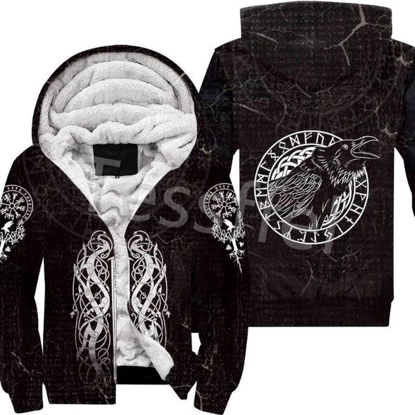 

3d printed pirate viking tattoo winter hoodies men fleece warm hood thick coat zipper men's hoodies jacket style-8, Black
