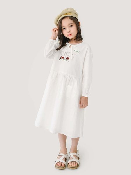 

girls tie neck letter & mountain print smock dress she, Red;yellow