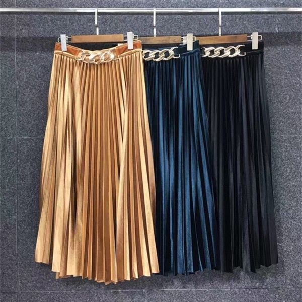 

2020 autumn and winter new women's fashion waist chain decoration solid color pleated mid-length all-match skirt 1112 y1214, Black