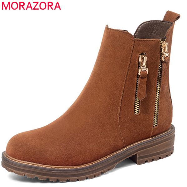 

morazora 2020 large size 34-43 round toe boots women zipper suede leather autumn winter shoes woman square heel ankle boots 1026, Black