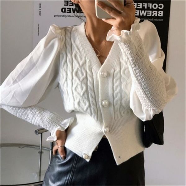 

2021 new elegant women's solid knitting cardigan de-pearl single buttons breasted shreds puff cardigans spring ahio, White;black