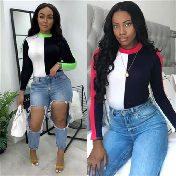 

ladies colorblocked bottoming t-shirts fashion trend long sleeve round neck designer female autumn new loose casual home tshirts, White