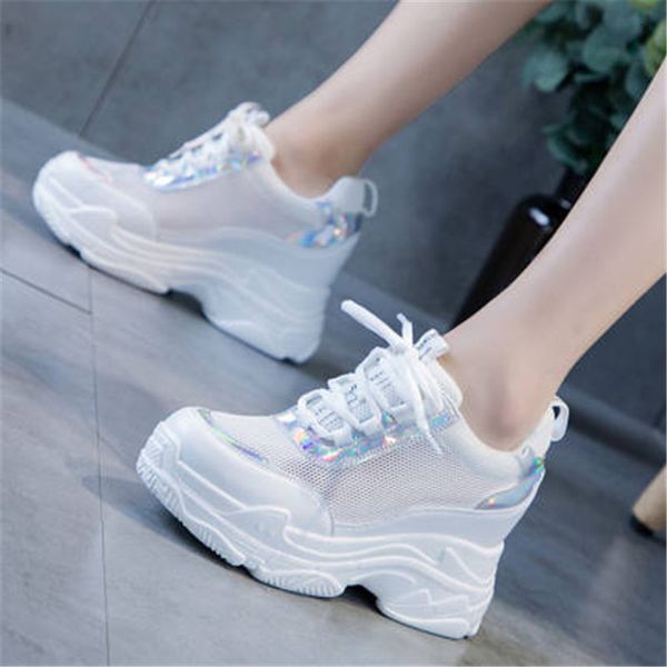 

2021 new spring summer women knit breathable vulcanized lace to woman casual shoes increased high height senior lady tennis k4hw, Black;white