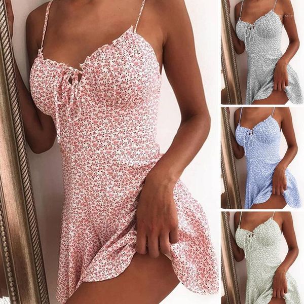 

2020 women summer dress sling floral print ruffled dress sleeveless mini for femmes tie front v neck party1, Black;gray