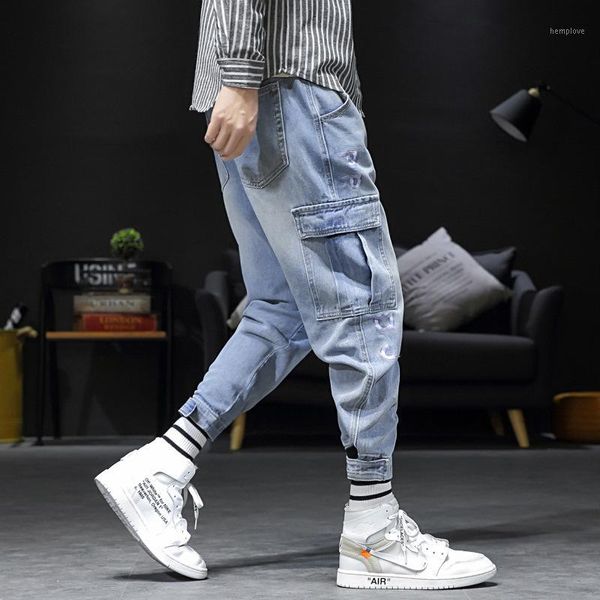 

men's denim jeans bunch of foot light blue pocket washable breathable stretchy loose large size personality fashion male pants1