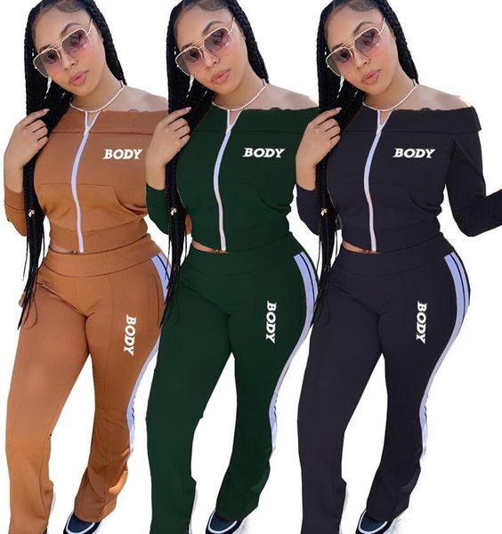 

women designers tracksuits body letters off shoulder long sleeve zipper jacket pants embroidery two pieces sports suits 3 colors d102805, Gray
