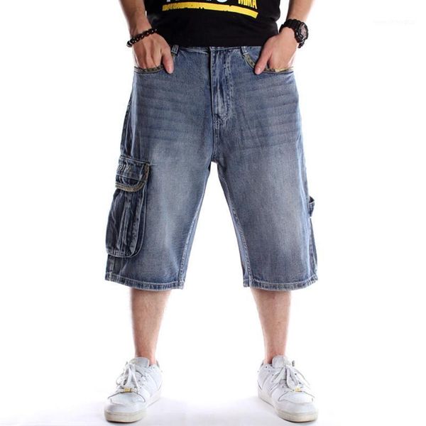 

men's jeans men's loose hip hop pockets cargo denim shorts plus big size letters embroidery skateboard streetwear capri1, Blue