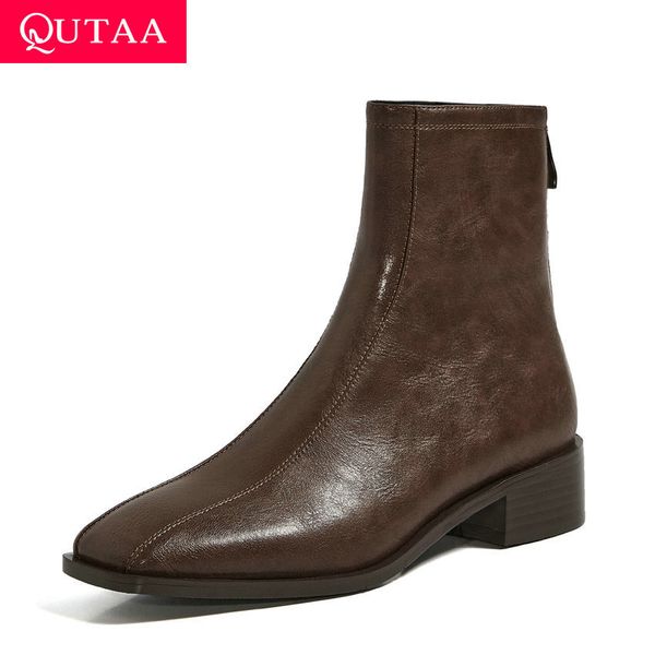 

qutaa 2021 autumn winter ankle boots fashion square heel zipper women shoes retro square toe cow leather short boots size 34-39, Black