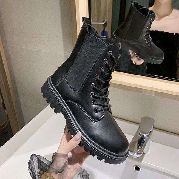 

2020 shoes for women female winter warm british style stretch fabric flat platform ankle boots motorcycle boots bootie, Black