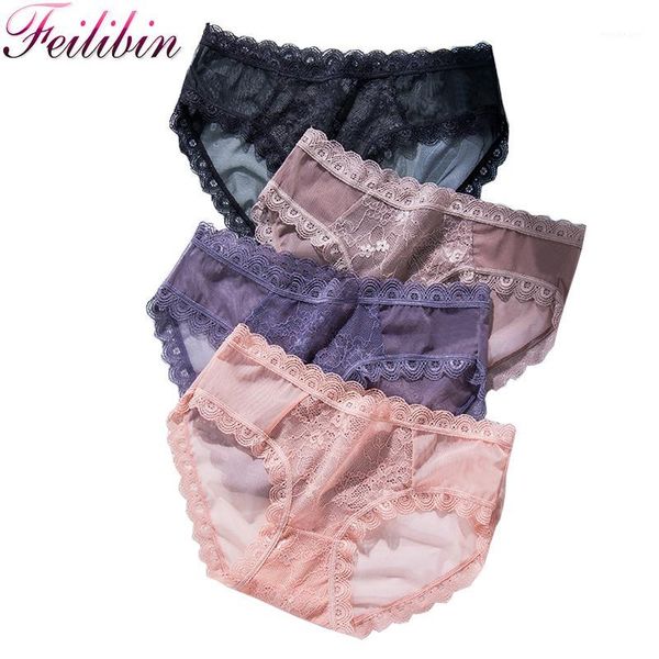 

feilibin 4pcs/set women lace panties ultra-thin underwear girls low rise briefs transparent panties cotton crotch lingerie1, Black;pink