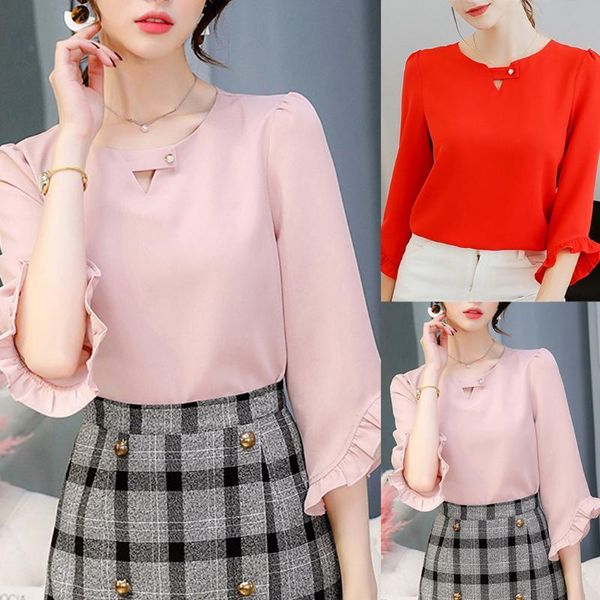 

women work v neck ruffles sleeve solid chiffon shirt formal ladies blouse office lady comfy slim shirts kg-946, White