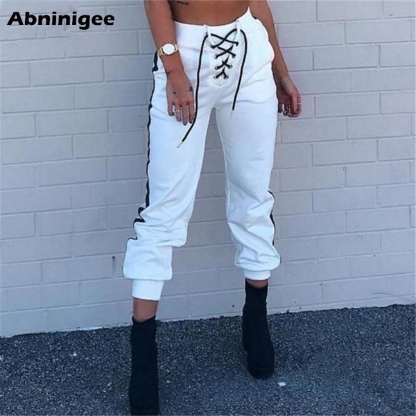 

осень женщина sweatpants joggers узелок сатин высокой талией брюки hot girl hip-hop брюки женские повседневная сыпучие классные брюки 2020, Black;white
