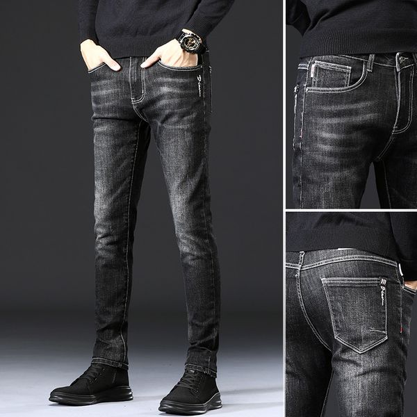 

spring and autumn new jeans men's korean fashion light color high end slim small foot elastic versatile casual long pants men, Blue