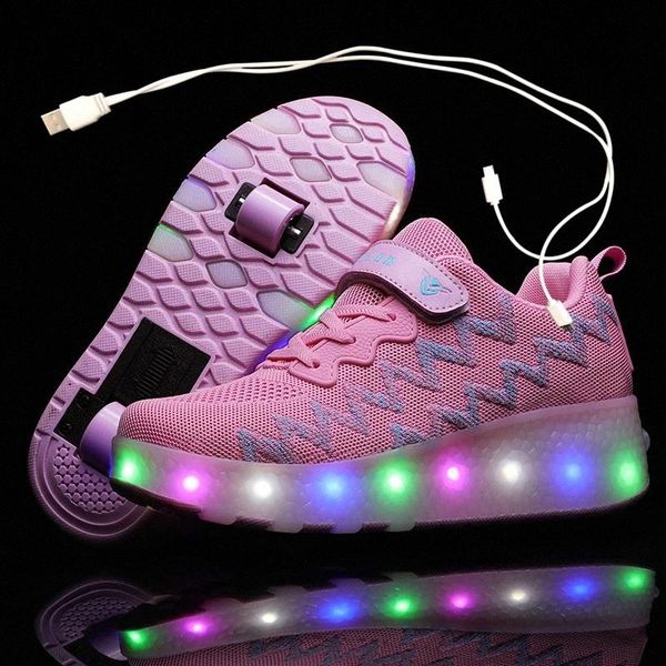 

children one two wheels luminous glowing sneakers gold pink led light roller skate shoes kids led shoes boys girls usb charging #5h22