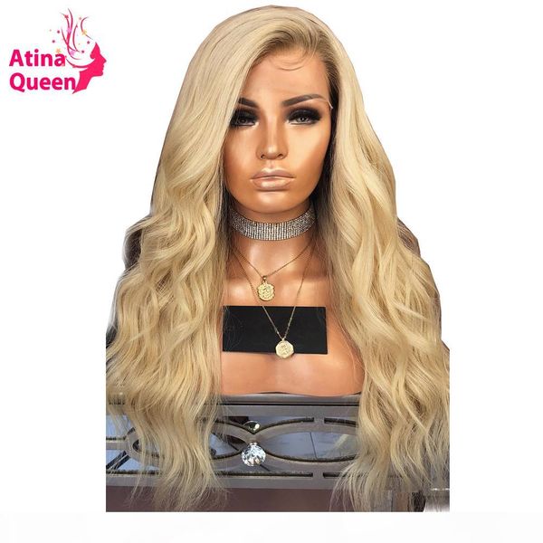 

180 density ombre human hair lace front wig 613 golden blonde ash roots pre plucked remy lace wigs with baby hair atina queen, Black