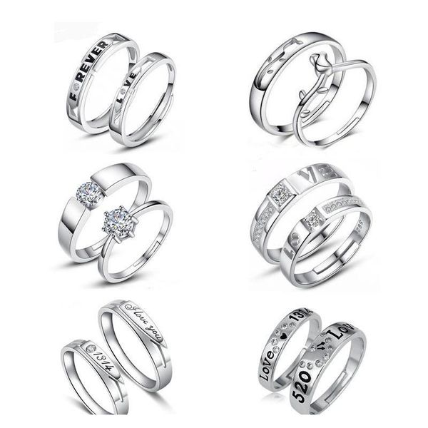 

fashion 30 pairs different design 925 silver lovers zircon opening adjustable ring jewelry for wedding engaged cou wmtljb beauty888, Slivery;golden