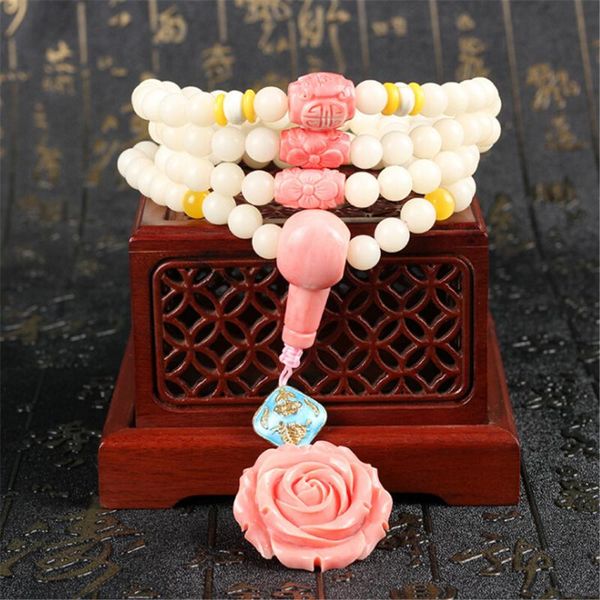

8mm natural white bodhi root beads 108 mala beaded bracelet with pink rose pendant for fashion women's fine accessories dropship, Black