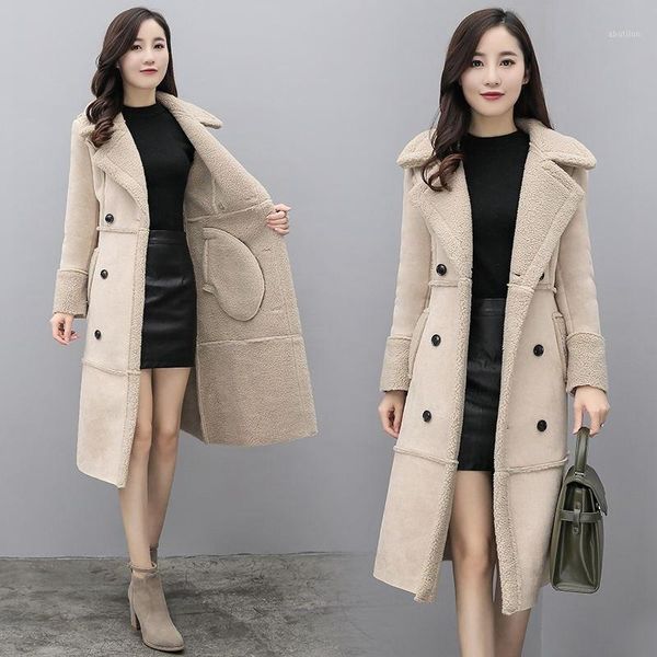 

women's leather & faux women winter fur liner suede long coat jacket female office ladies khaki outwear fleece warm overcoat1, Black