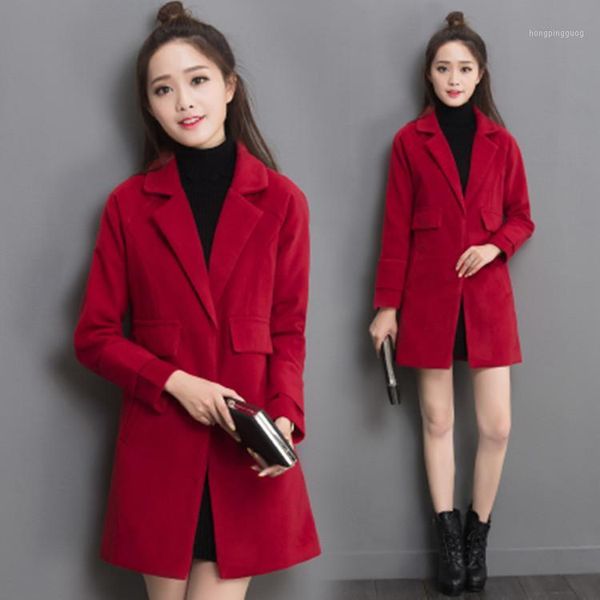 

office lady loose women long wool blend coat turn-down collar cashmere jacket single button solid pockets ladies coats1, Black