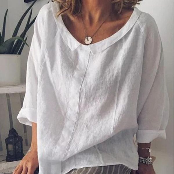

plain cotton linen long sleeve womens peter pan collar loose plus size blouses 2021 summer casual loose shirt top, White