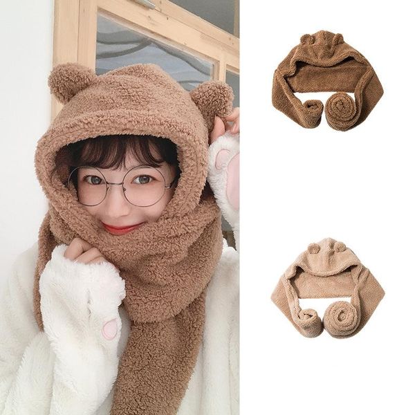 

2020 new korean version of the hat and scarf one female winter cute bear ear double thick warm lamb hat bonnets for women, Blue;gray