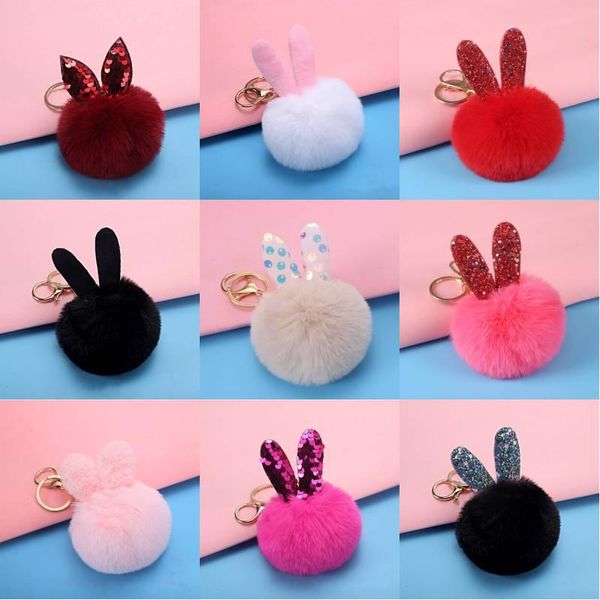 

23 styles pompom keychain fluffy ball keychains faux fur plush keyring for women creative sequins keyring pendant jewelry, Silver