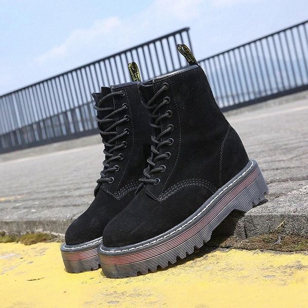 

women platform boots wedge platform shoes 2020 warm winter shoes lady fashion round toe lace-up height increased leather boots #et3z, Black