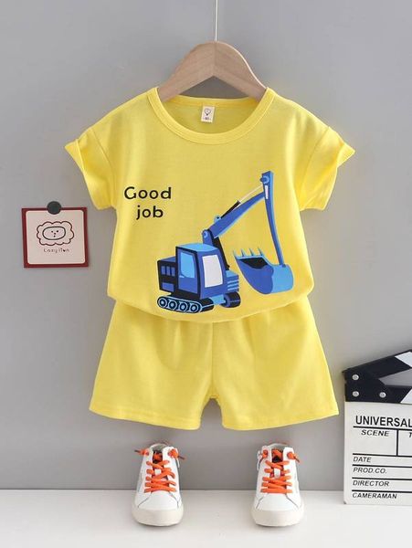 

toddler boys car & letter graphic tee & shorts she, White
