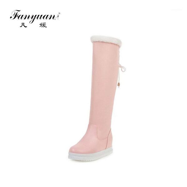 

boots fanyuan women arrival plush fur knee high lace up winter keep warm fashion daily shoes footwear size 34-431, Black