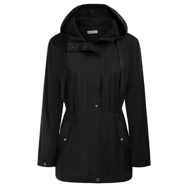 

women thigh length rain jacket elastic waist hooded water-repellent coat mid-length long-sleeved elastic waist hooded raincoa, Black;brown