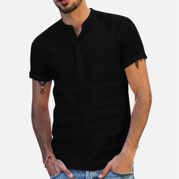 

men linen shirts baggy short sleeve retro t shirts blouse breathable men's baggy casual slim fit solid cotton1, White;black