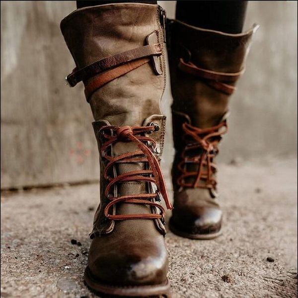

litthing knee high women boots autumn woman shoes winter lace up vintage flat shoes leather retro buckle ladies snow boots, Black