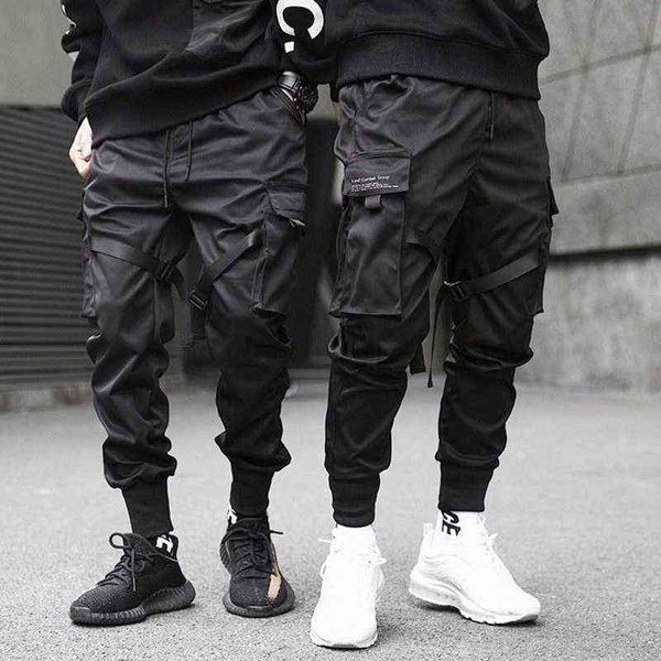 Houzhou Techwear Jogadores Homens Preto Carga Calças Streetwear Hip Hop Bolsos Track Calças Masculinas Harajuku Moda Calças Ribbons G220224