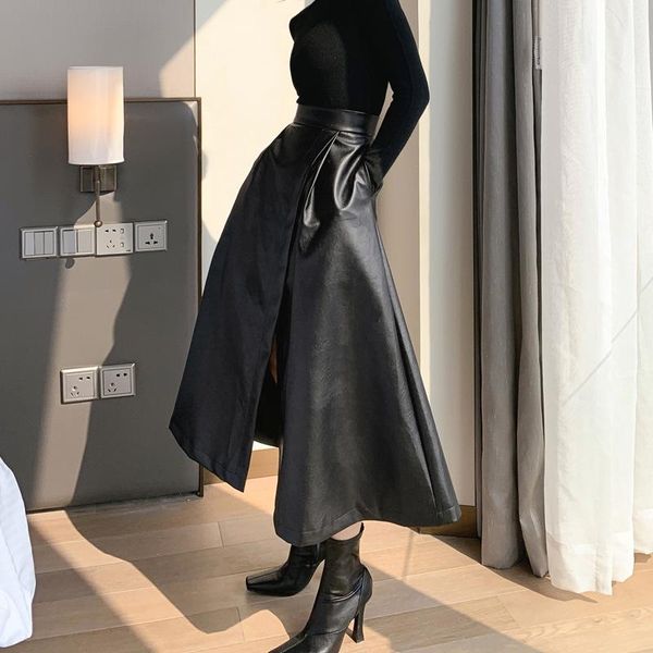 

skirts black leather skirt women pu ankle length long faux female spring autumn
