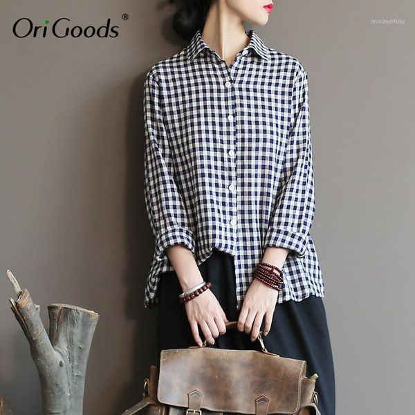 

origoods cotton linen plaid shirt women 2019 new long sleeve plaid blouse shirt loose casual kawaii cute blusas a3471, White