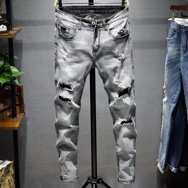 

2020 men's jeans new hole slim trousers denim elastic skinny cotton male streetwear hiphop personality male pencil pants, Blue