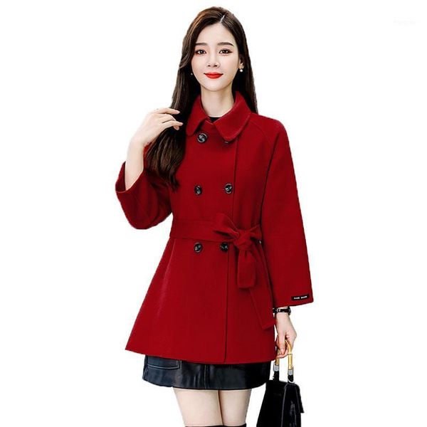 

new autumn winter fashion women's wool coat lapel belt casual elegant woolen outwear woman double breasted jacket coat r6481, Black