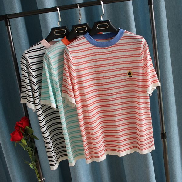 

summer new color matching stripe short sleeve t-shirt for women korean version loose embroidery and versatile embroidery sunflower ice s, White;black