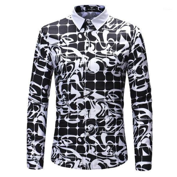 

mens long sleeve shirts 2018 new arrival fashion 3d plaid turn-down collar mens shirt casual slin fit clothes plus size1, White;black