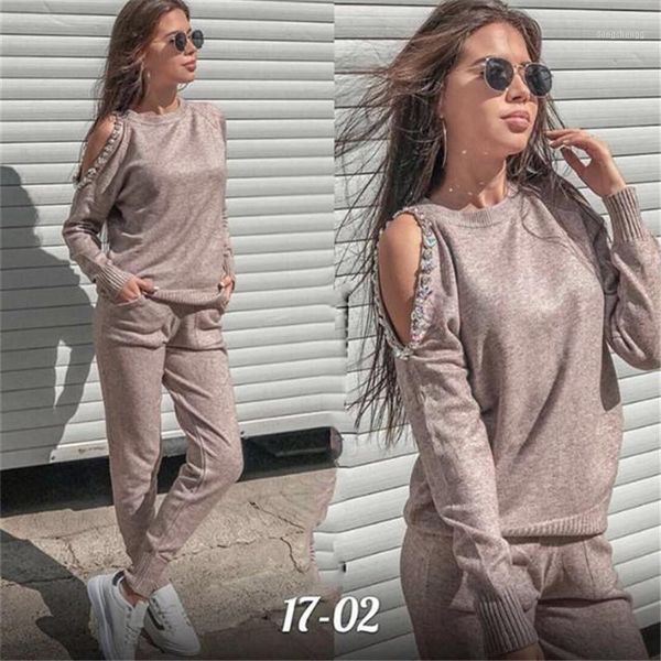 

women sweater suit and sets fashion casual 2pcs track suit diamond shoulder knitted trousers+jumper costume clothing set1, Gray